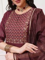 Thumbnail for Vishudh Burgundy Ethnic Motifs Yoke Design Thread Work Kurta with Palazzo & Dupatta