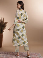 Thumbnail for Anouk Off White Floral Printed Gotta Patti Detail Pure Cotton Straight Kurta With Trouser