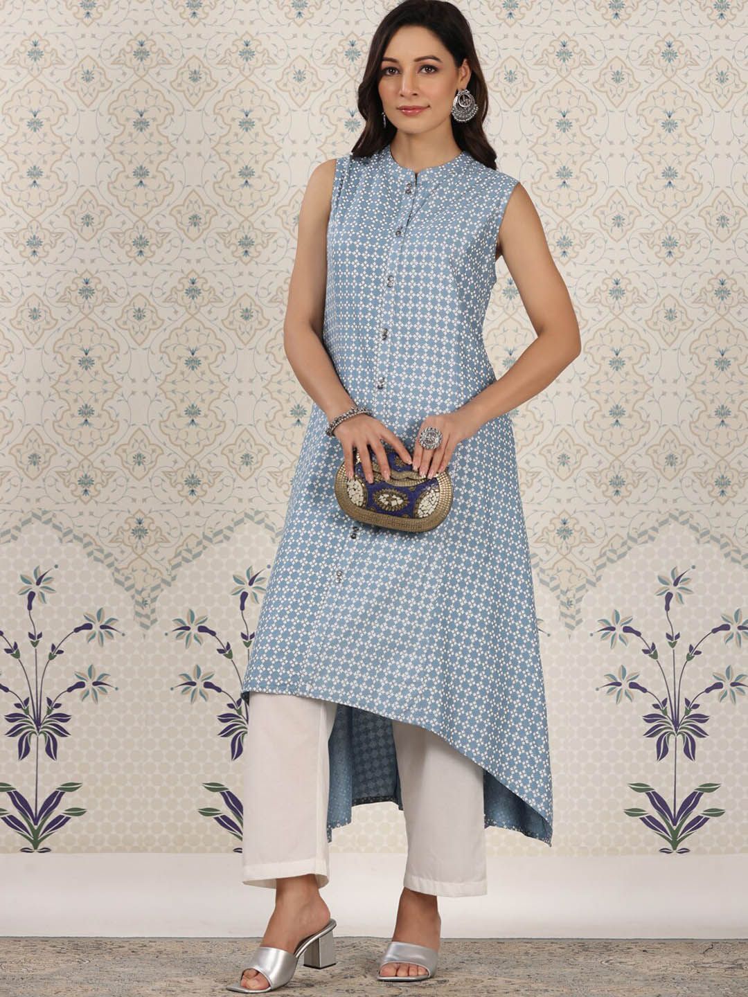 Ode by House of Pataudi Ethnic Motifs Printed Mandrain collar A-Line Kurta - Distacart