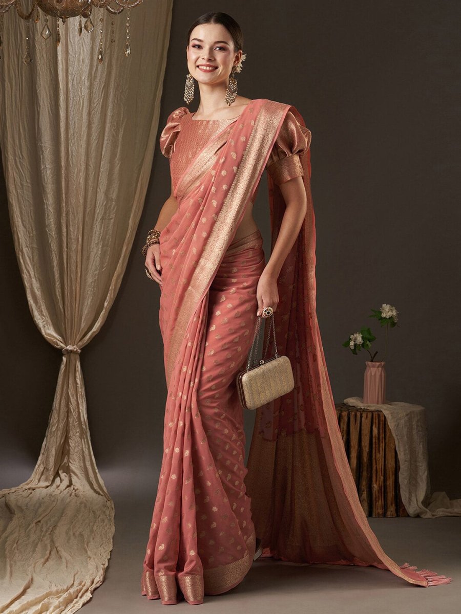 Anouk Peach-Coloured & Gold-Toned Woven Design Zari Pure Georgette Kanjeevaram Saree - Distacart
