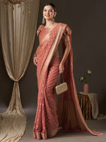Thumbnail for Anouk Peach-Coloured & Gold-Toned Woven Design Zari Pure Georgette Kanjeevaram Saree - Distacart