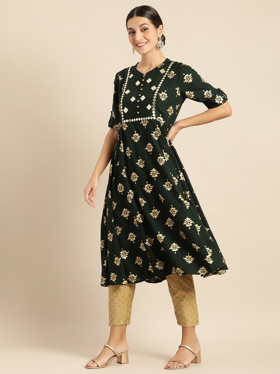All About You Women Teal Green & Gold-Toned Ethnic Motifs Printed Mirror Work Kurta - Distacart