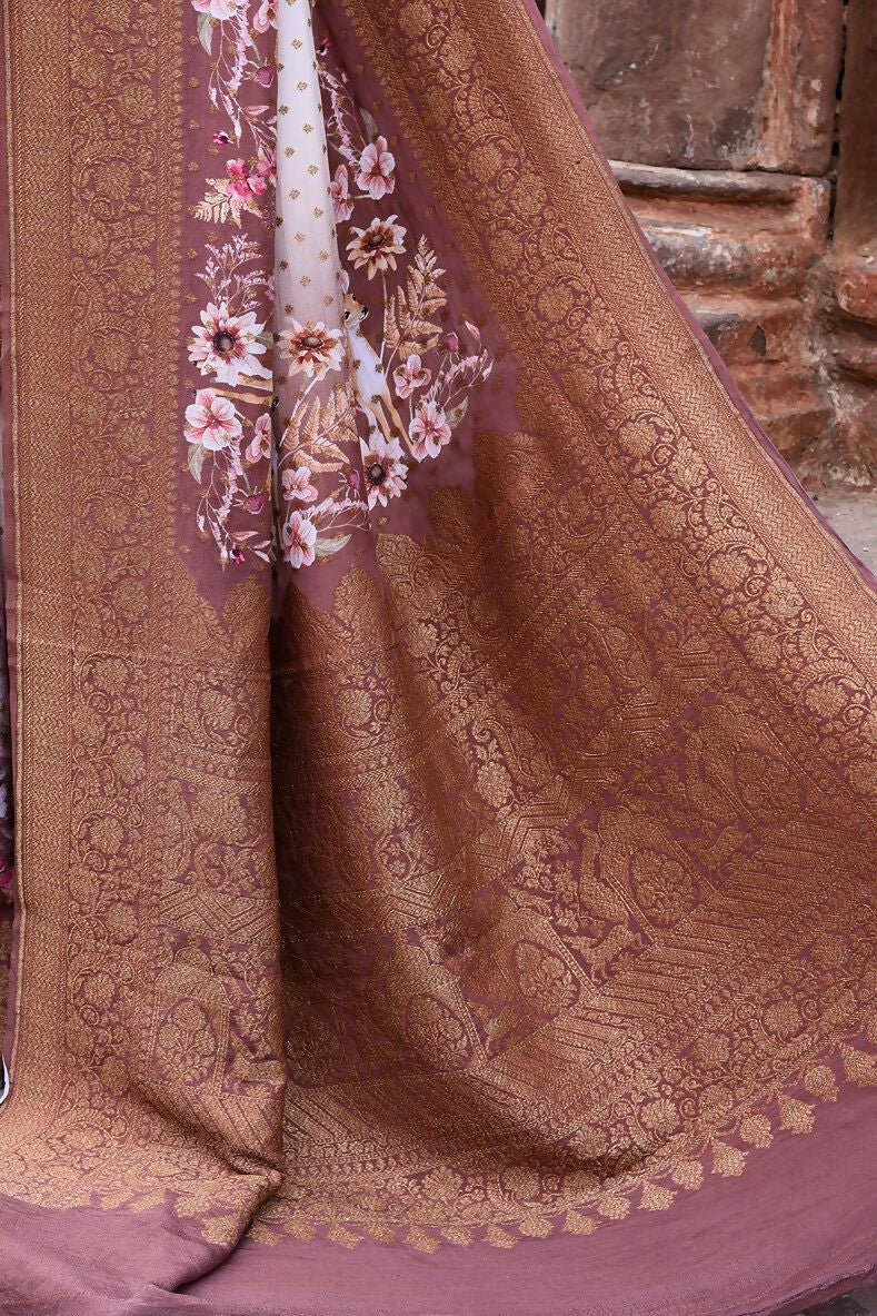 Joban Fashion Ivory And Dusty Rose Crepe Chiffon Pure Handloom Banarasi Silk Saree