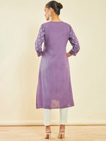 Thumbnail for Soch Purple Ethnic Motifs Printed Round Neck Regular Kurta - Distacart