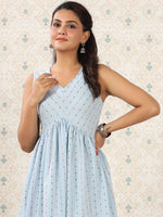 Thumbnail for Ode by House of Pataudi Blue Geometric Printed A-Line Kurta - Distacart