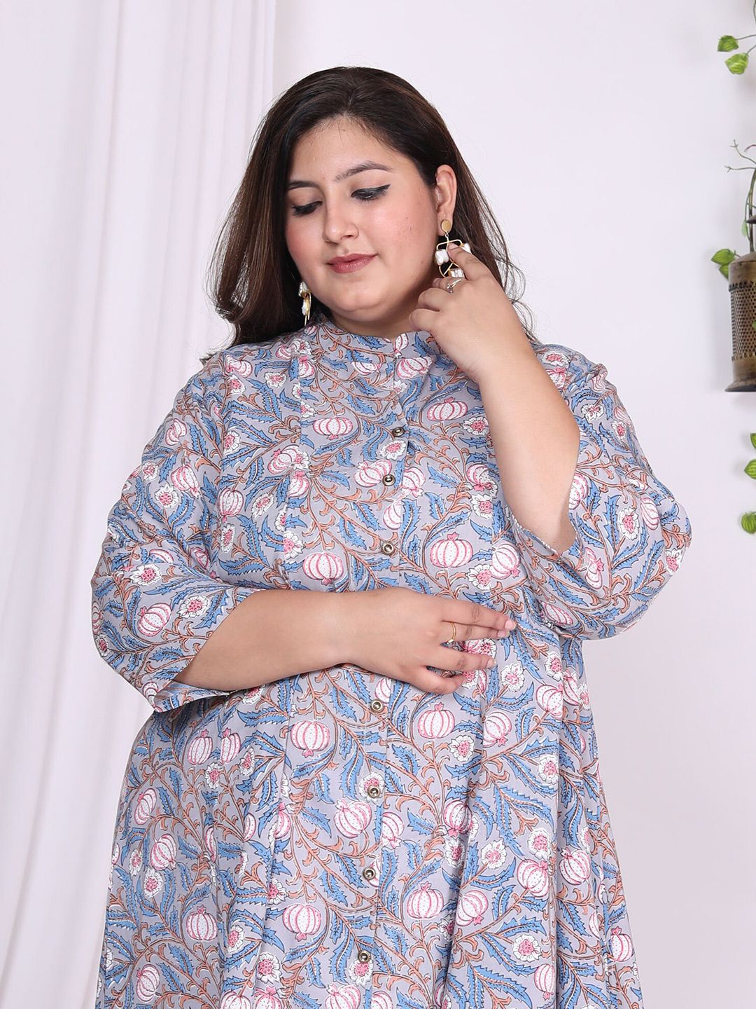Swasti Plus Size Floral Printed Mandarin Collar Cotton A-Line Midi Ethnic Dress