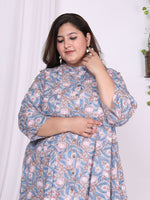 Thumbnail for Swasti Plus Size Floral Printed Mandarin Collar Cotton A-Line Midi Ethnic Dress