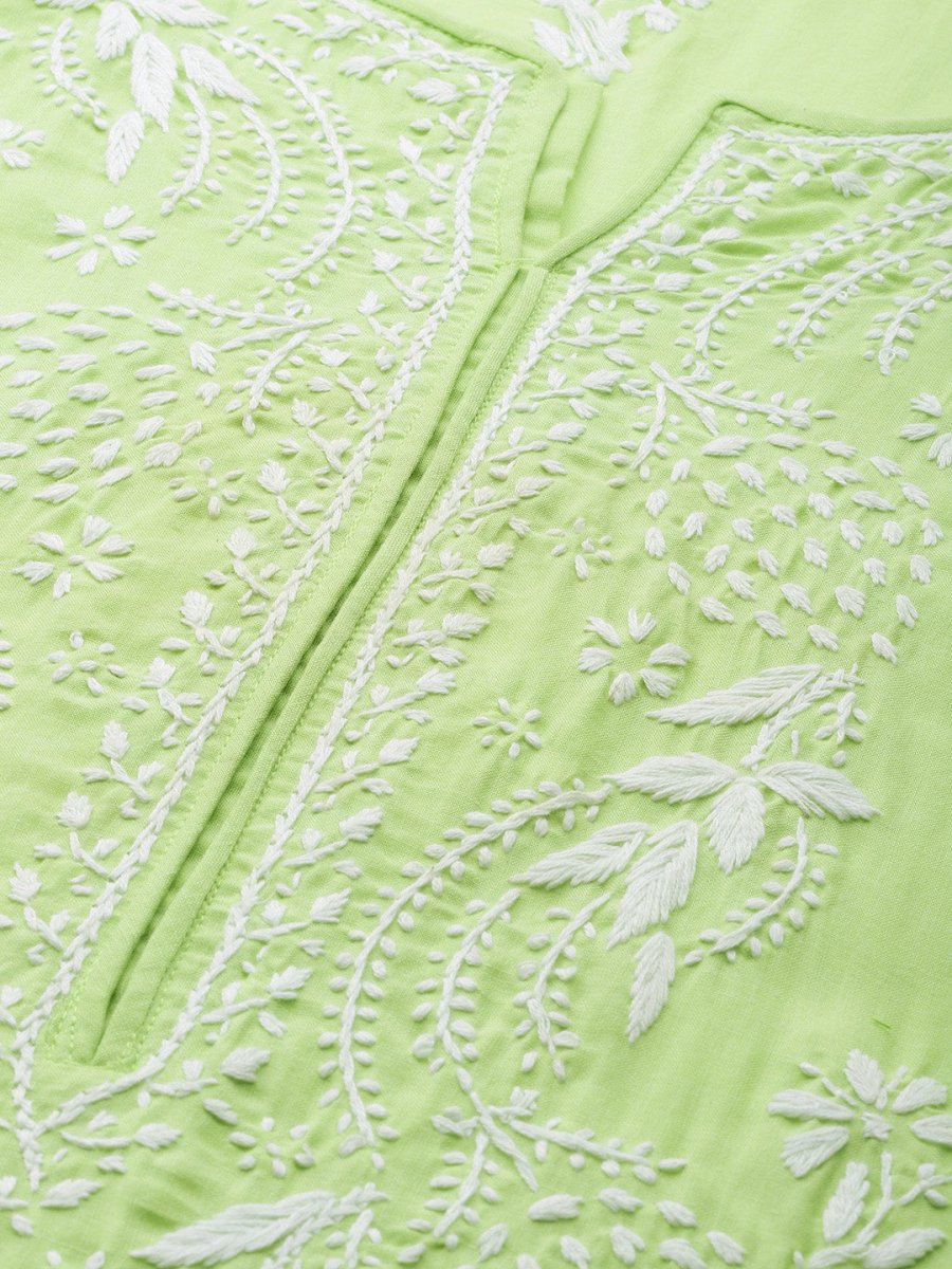 ADA Women Green & White Chikankari Embroidered Cotton Straight Sustainable Kurta - Distacart