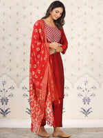 Thumbnail for Ode by House of Pataudi Floral Embroidered Sequined Straight Kurta & Trousers With Dupatta - Distacart