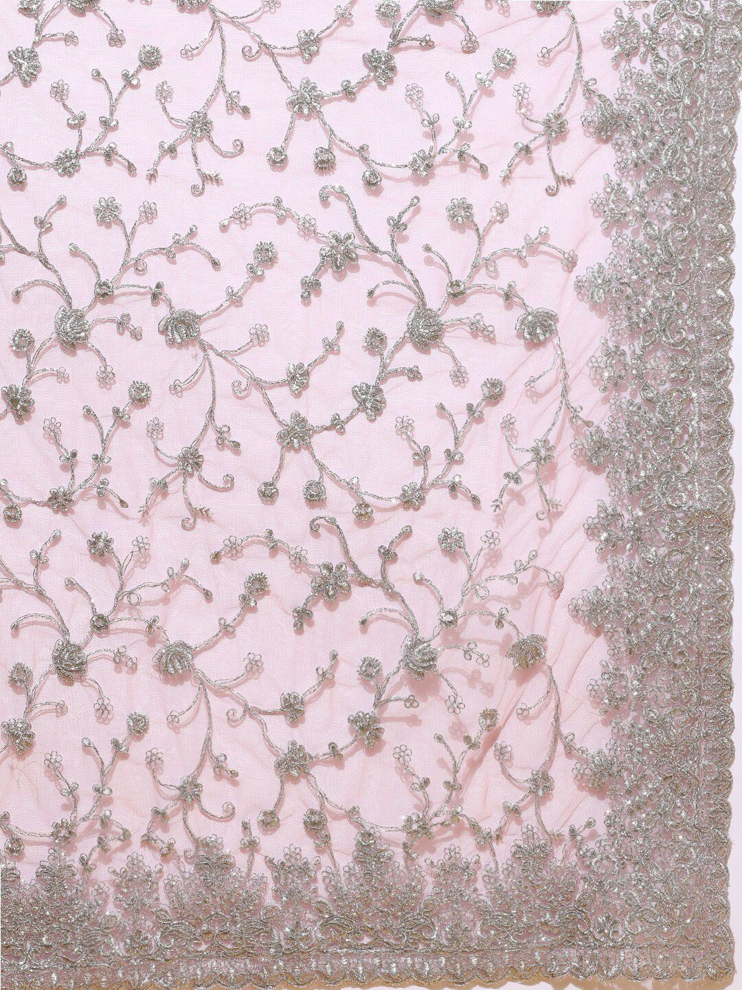 kasee Pink & Silver-Toned Floral Embroidered Net Heavy Work Saree - Distacart