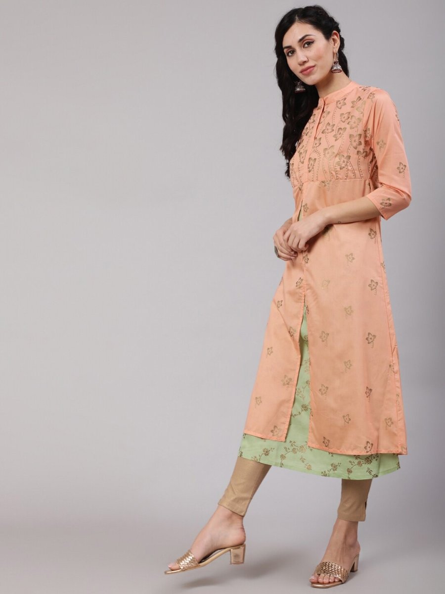 Aks Floral Printed Layered Chanderi Silk A Line Kurta - Distacart