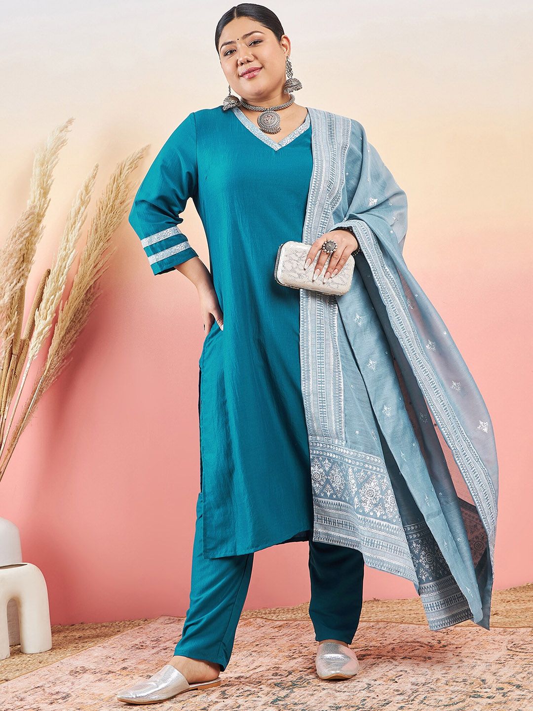 Sztori V-Neck Straight Kurta With Trouser & Dupatta - Distacart