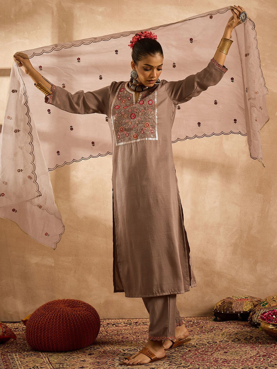 Indo Era Women Ethnic Motifs Embroidered Regular Thread Work Kurta with Trousers & With Dupatta