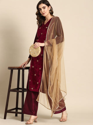 All About You Women Velvet Finish Woven Design Regular Kurta with Palazzos & Dupatta - Distacart