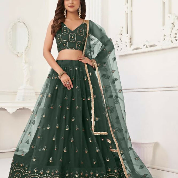 Aastha Fashion Dark Green Butterfly Net Tone To Tone Thread Work And Sandwich Sequence Work Embroidery Wedding Wear Lehenga Choli - Distacart