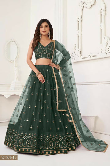 Aastha Fashion Dark Green Butterfly Net Tone To Tone Thread Work And Sandwich Sequence Work Embroidery Wedding Wear Lehenga Choli - Distacart