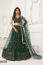 Thumbnail for Aastha Fashion Dark Green Butterfly Net Tone To Tone Thread Work And Sandwich Sequence Work Embroidery Wedding Wear Lehenga Choli - Distacart