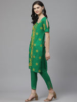 Thumbnail for ADA Women Green & Yellow Paisley Chikankari Embroidered Sustainable Handloom Kurta with Trousers - Distacart