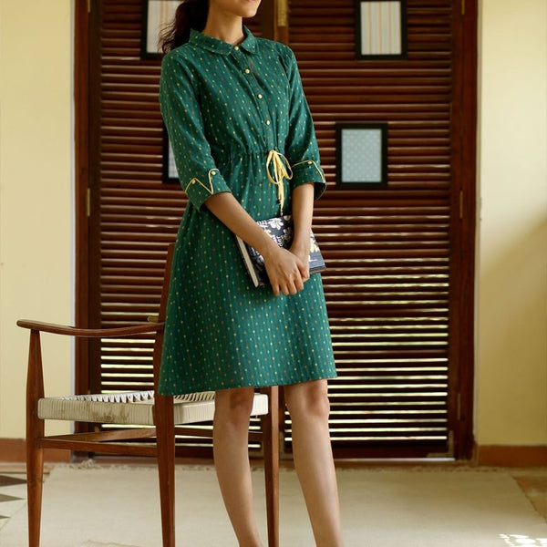 AURELIA Green Printed Pure Cotton A-Line Dress - Distacart