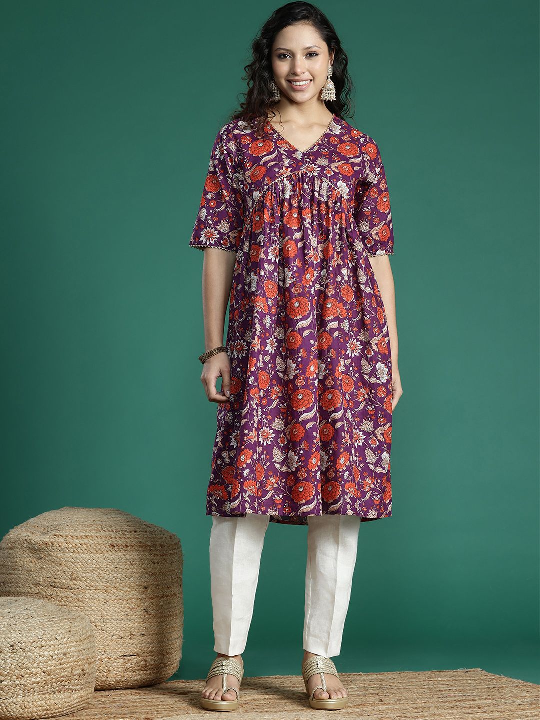 Sangria Floral Printed Gotta Patti Kurta - Distacart