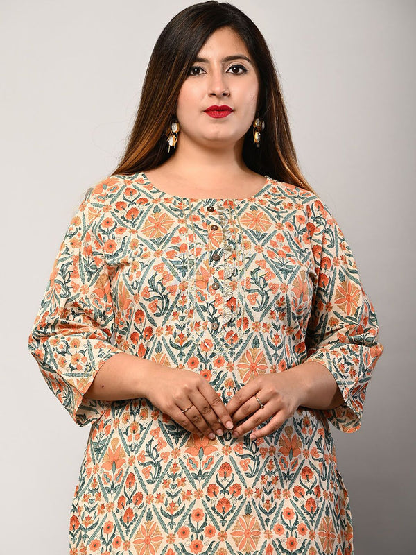 Swasti Women Beige Ethnic Motifs Printed Flared Sleeves Thread Work Floral Kurta