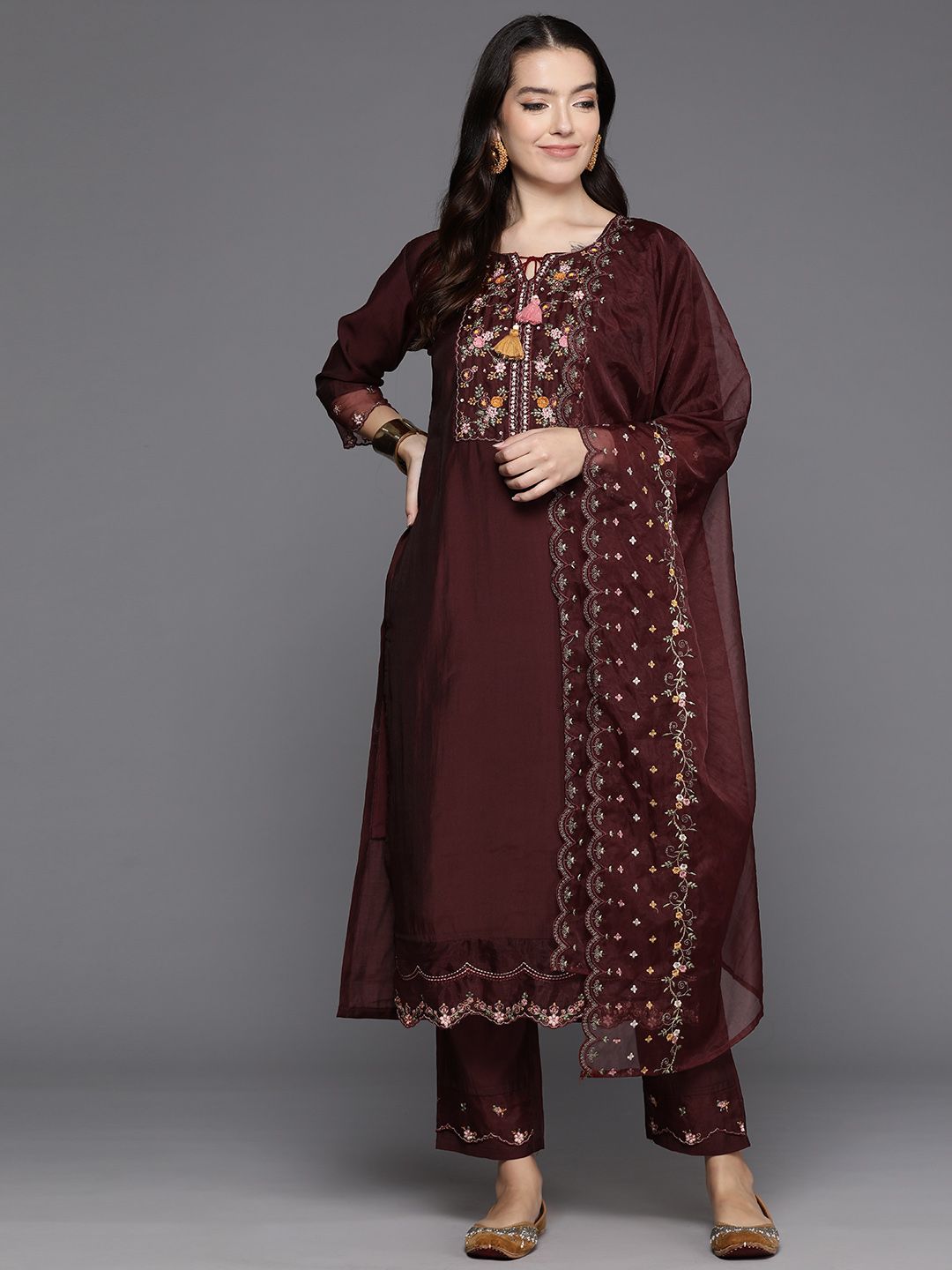 Indo Era Women Floral Embroidered Regular Sequinned Kurta with Trousers & With Dupatta