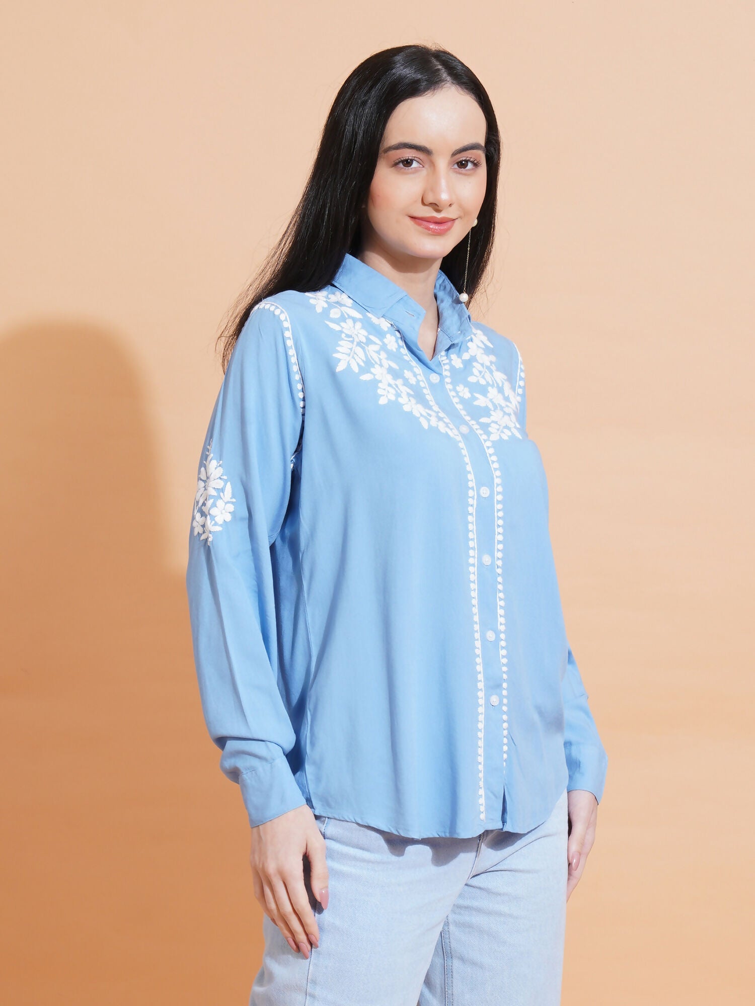Pahnaz Modal Chikankari Handwork Shirt-Blue - Dista