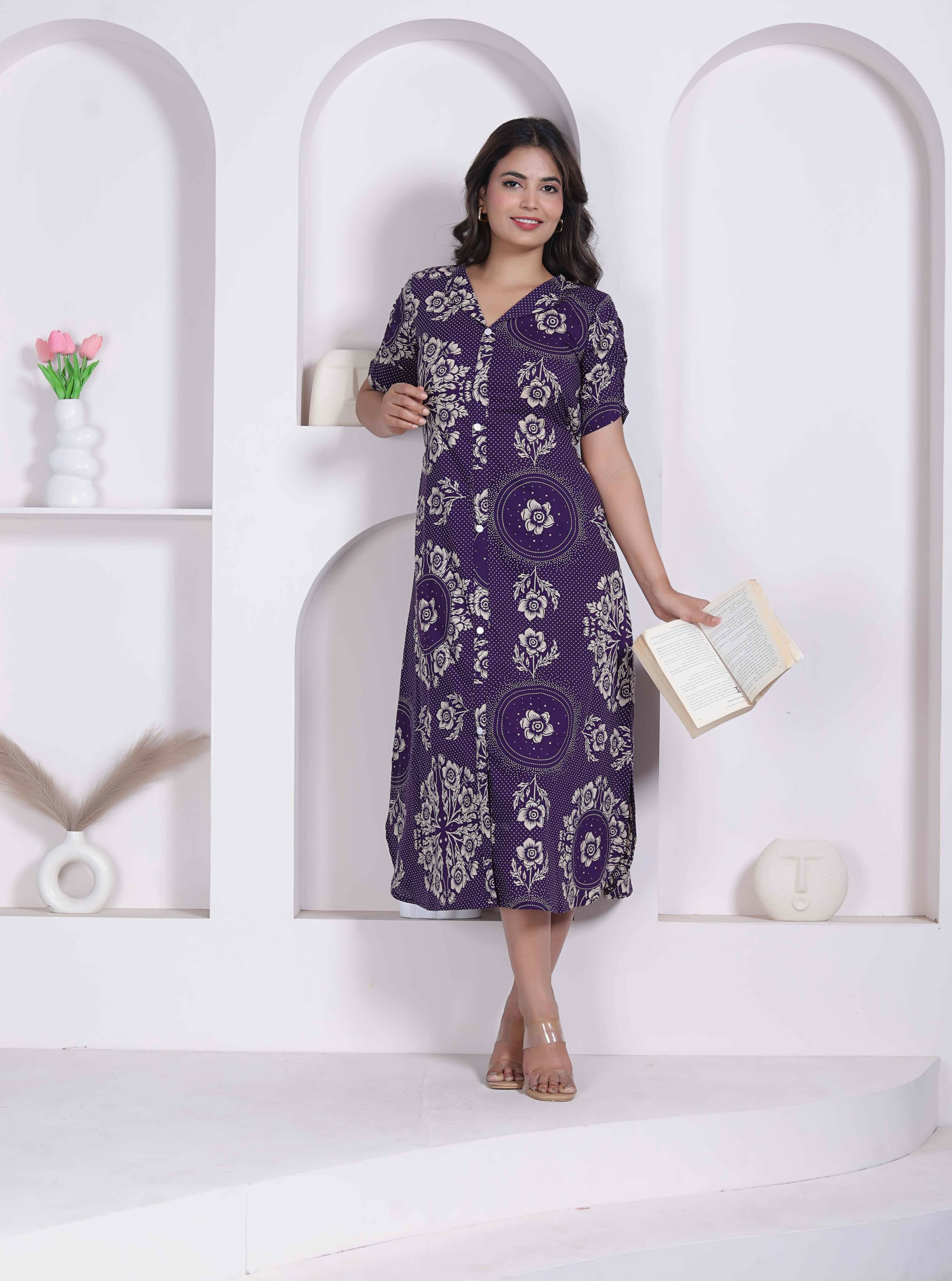 Miravan Womens Floral Printed A-Line Shirt Collar Maxi Dress - Dista