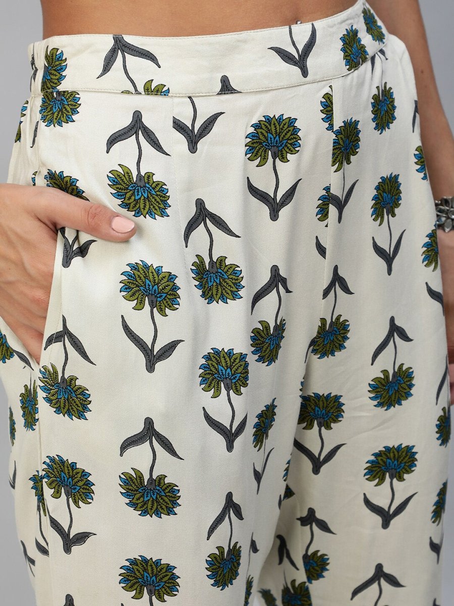 Aks Floral Printed Band Collar Regular Kurta with Trousers - Distacart