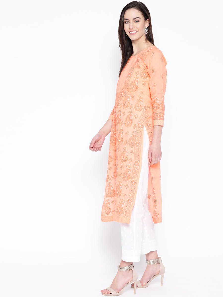 ADA Women Peach-Coloured & White Chikankari Embroidered Sustainable Handloom Kurta with Trousers - Distacart