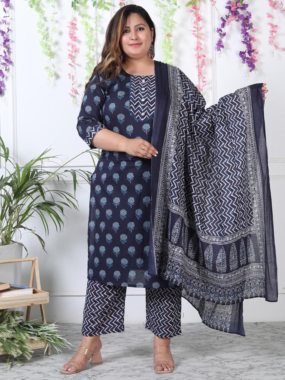 Swasti Plus Size Ethnic Motifs Printed Regular Pure Cotton Kurta with Trousers & Dupatta - Distacart