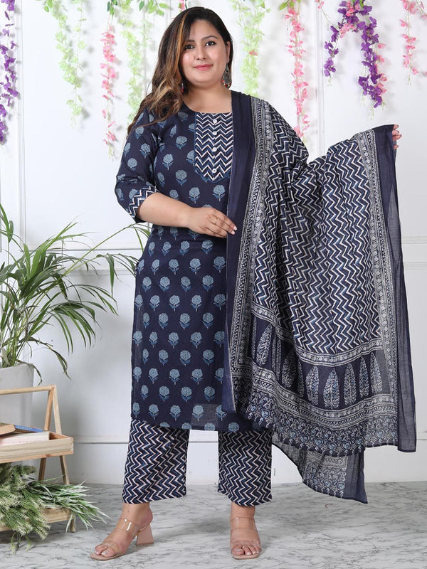 Swasti Plus Size Ethnic Motifs Printed Regular Pure Cotton Kurta with Trousers & Dupatta