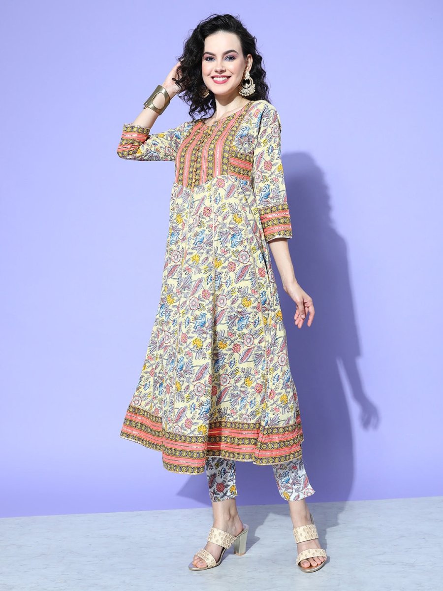 All About You Women Cream-Coloured Floral Printed Regular Gotta Patti Pure Cotton Kurta with Trousers & With - Distacart