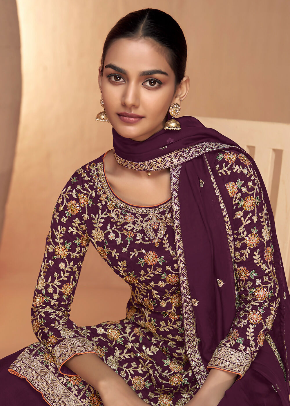 Wine Real Chinnon Embroidered Wedding Festive Palazzo Suit - Emponline - Distacart