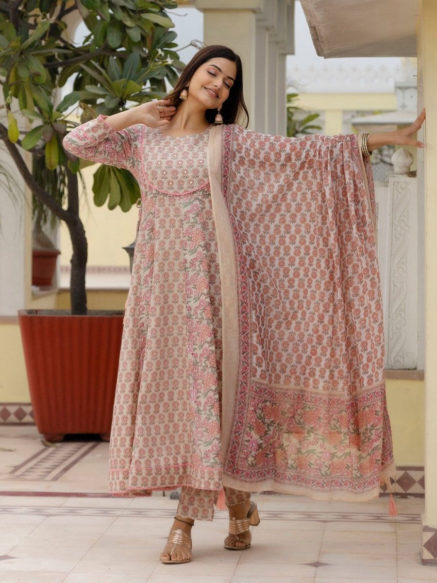 Anouk Floral Printed Empire Mirror Work Pure Cotton Kurta with Trousers & Dupatta - Distacart