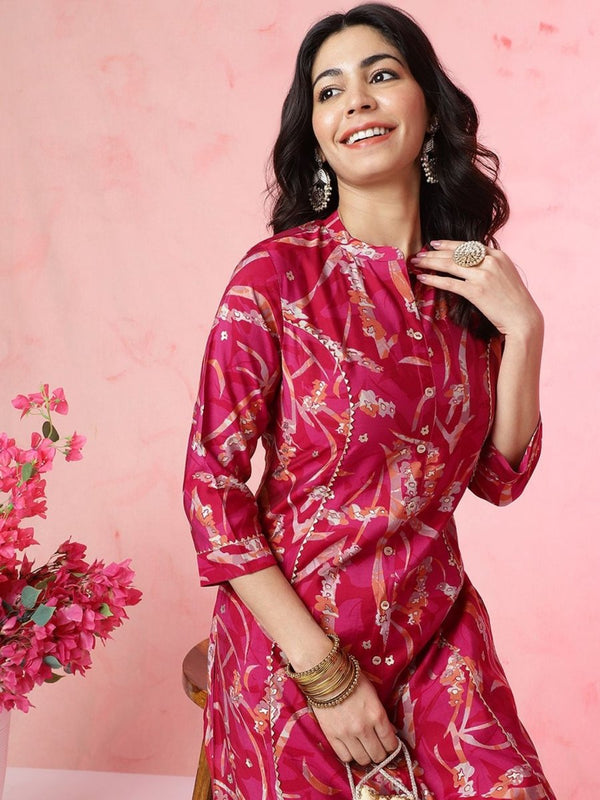 Anouk Fuchsia Abstract Printed Panelled Chanderi Silk Kurta with Trousers