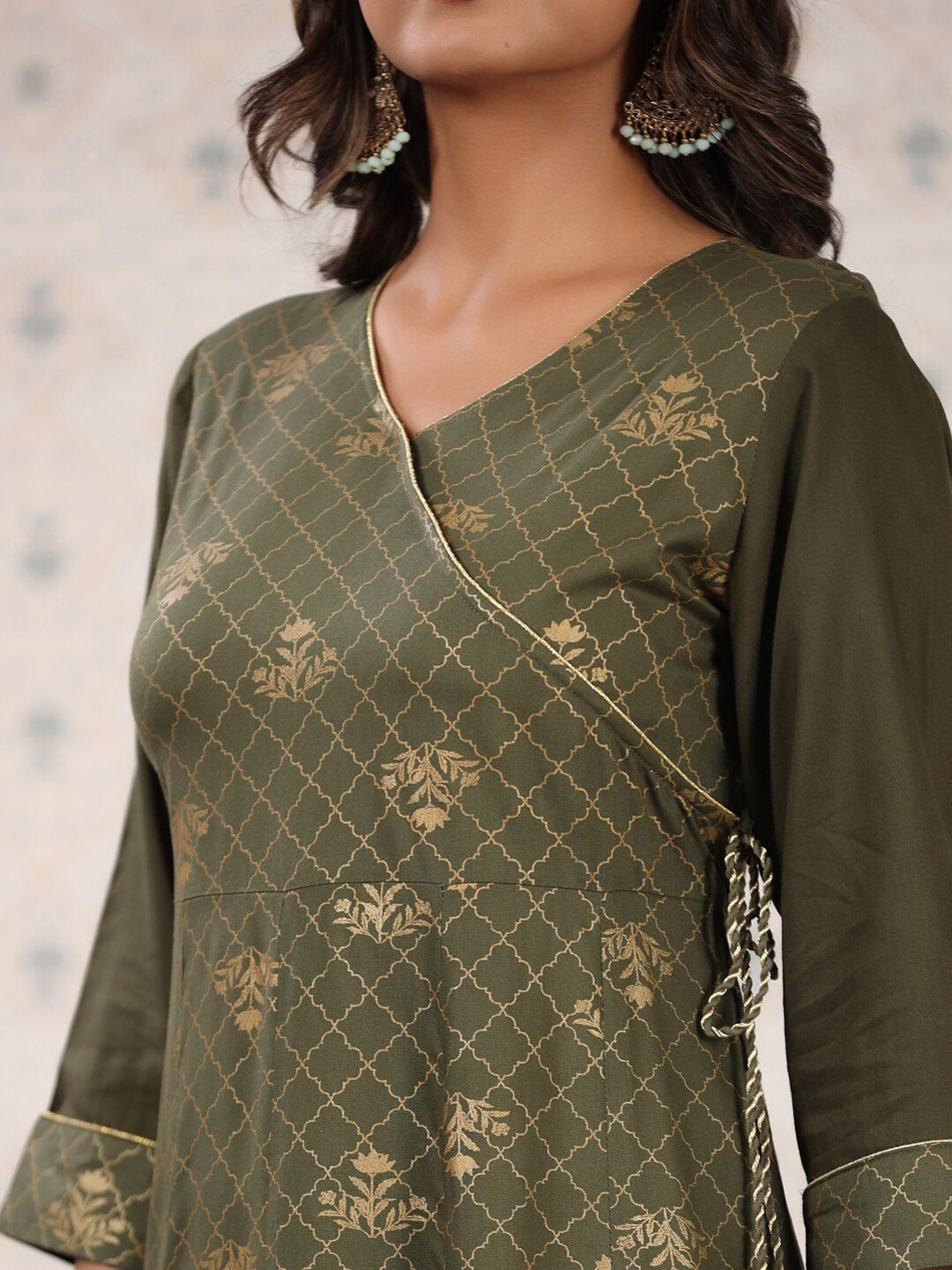Ode by House of Pataudi Olive Green & Gold Printed V Neck Angrakha Kurta With Palazzos - Distacart