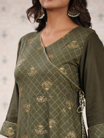 Thumbnail for Ode by House of Pataudi Olive Green & Gold Printed V Neck Angrakha Kurta With Palazzos