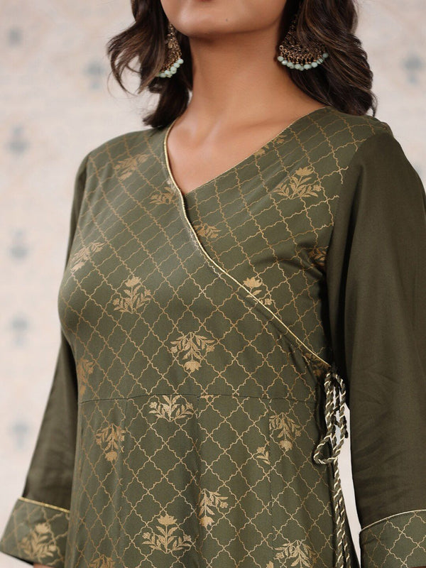 Ode by House of Pataudi Olive Green & Gold Printed V Neck Angrakha Kurta With Palazzos