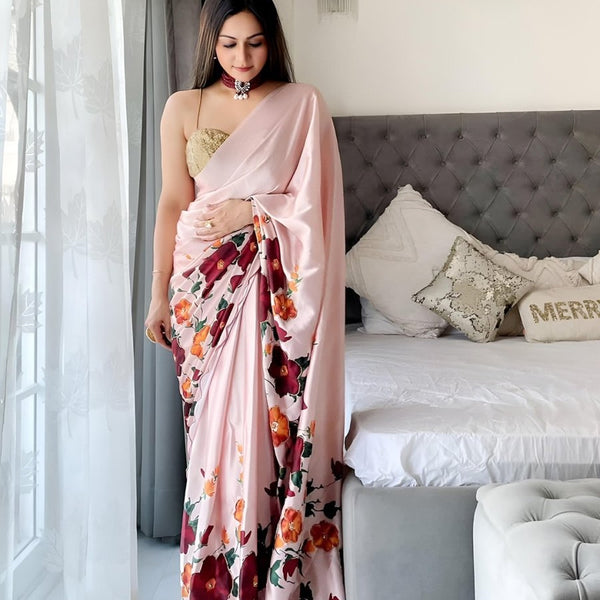 Anouk Beige & Red Floral Satin Saree - Distacart