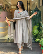 Thumbnail for The52 Grey Women's Gorgeous Chinon Viscose Fabric Embroidered Work Straight Kurta Pant and Dupatta Set - Distacart
