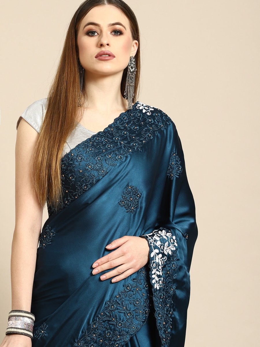 Anouk Blue Floral Embroidered Satin Saree - Distacart