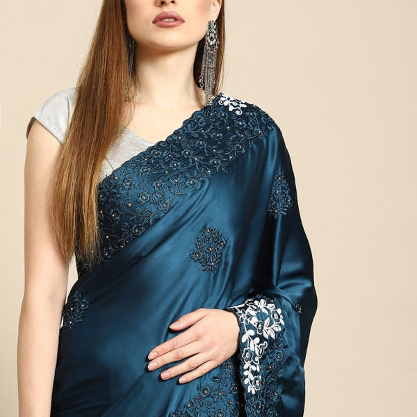 Anouk Blue Floral Embroidered Satin Saree - Distacart