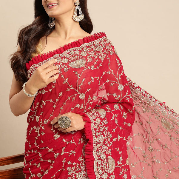 kasee Floral Zari Pure Georgette Saree - Distacart
