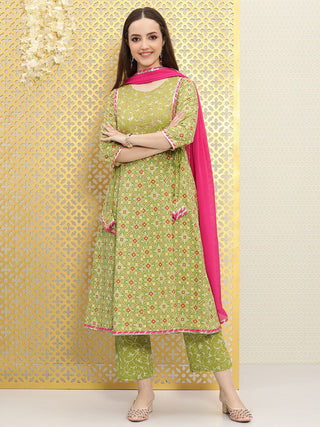 Ode by House of Pataudi Women Green Ethnic Motifs Printed Panelled Pure Cotton Kurta with Trousers & With - Distacart