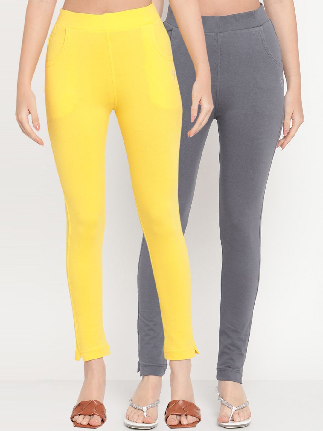 TAG 7 Women Yellow & Grey Ankle-Length Leggings Set of 2 - Distacart