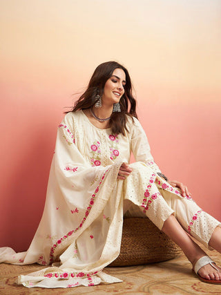 Sangria Pure Cotton Floral Embroidered Straight Kurta With Trousers & Dupatta - Distacart