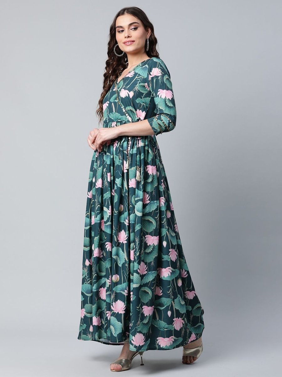Ahalyaa Women Dark Green Crepe Digital Print Dress - Distacart