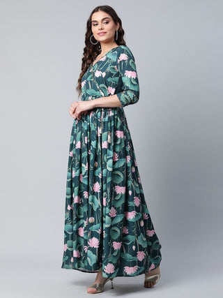 Ahalyaa Women Dark Green Crepe Digital Print Dress - Distacart