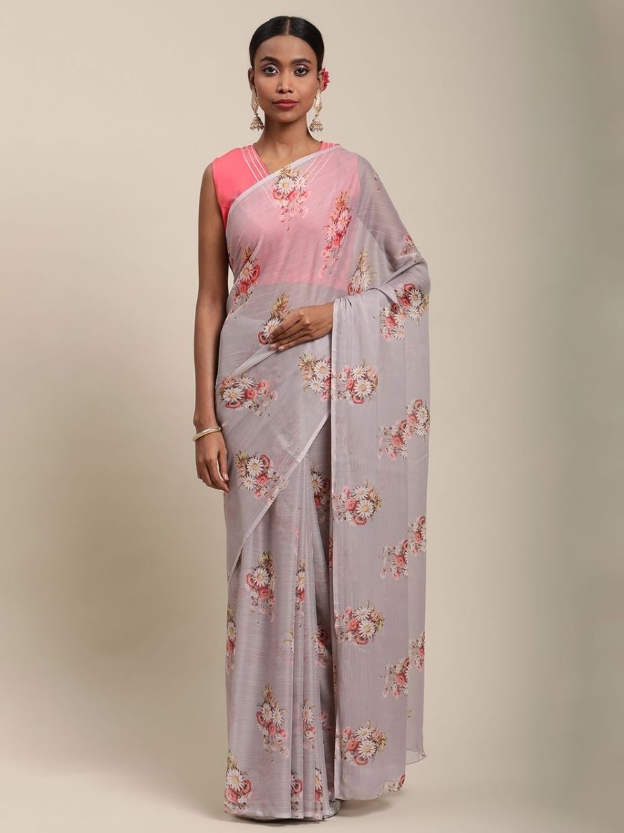 Ahalyaa Women's Grey Chiffon Floral Digital Print Saree - Distacart